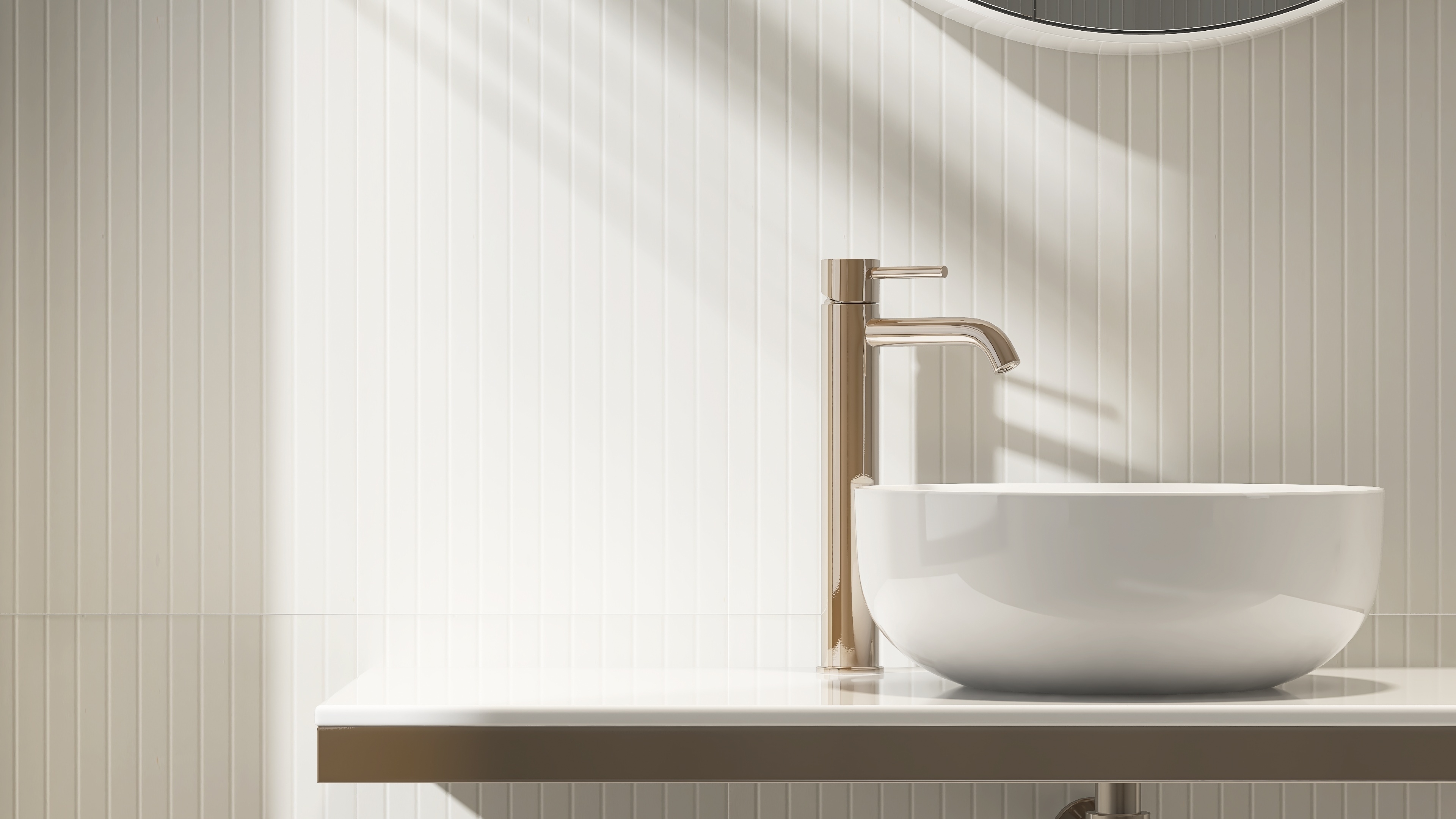 A bright, modern washroom with a clean basin and amenities.