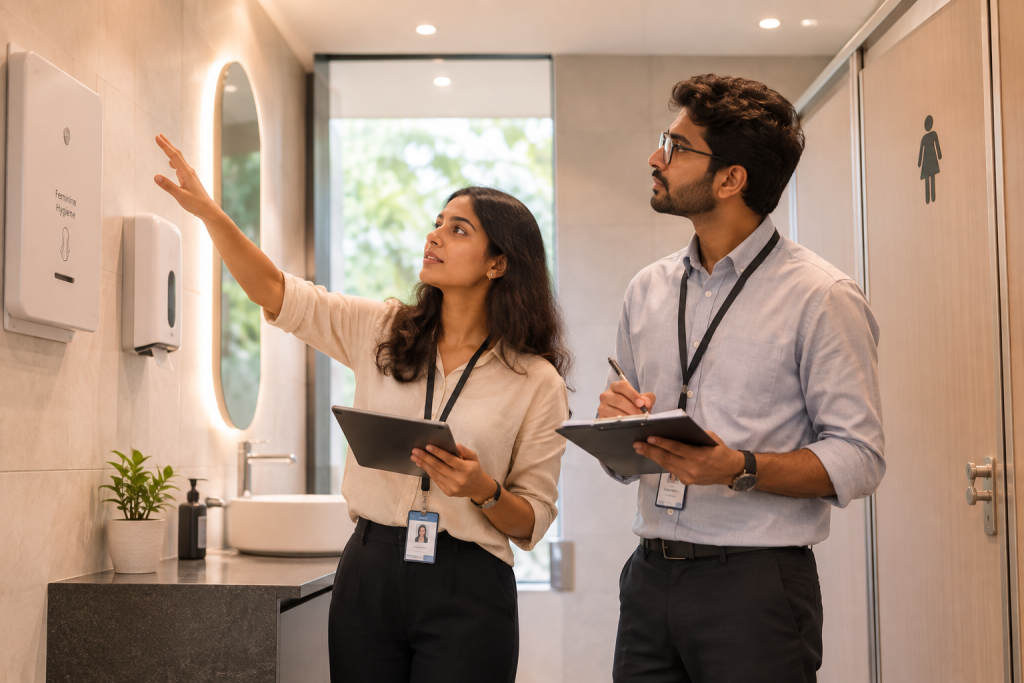 A hygiene expert assesses a workplace washroom.